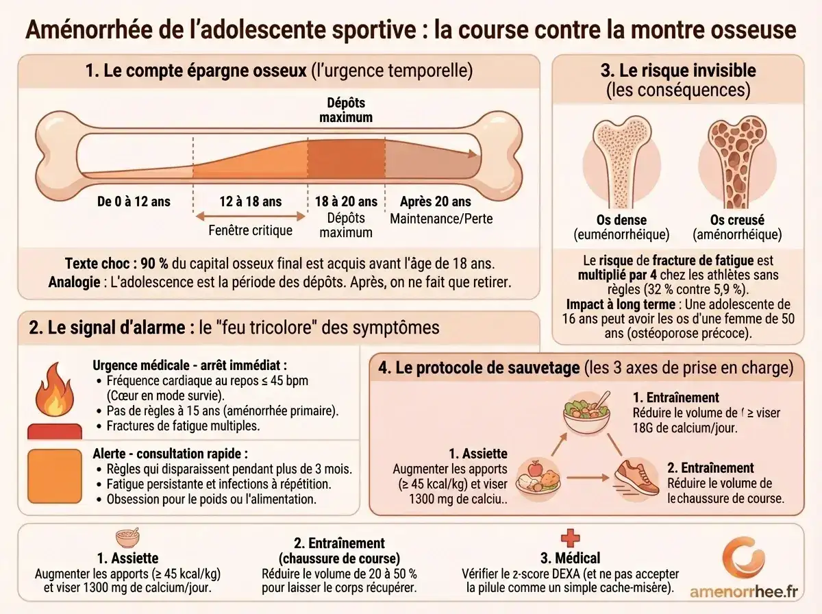Aménorrhée chez l'adolescente sportive : signaux d'alerte, risques osseux et prise en charge adaptée avant 18 ans.