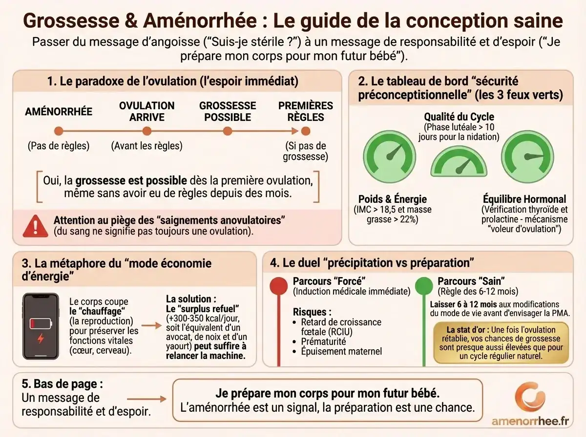 Préparer une grossesse après aménorrhée : 3 conditions préconceptionnelles et délai recommandé avant conception.
