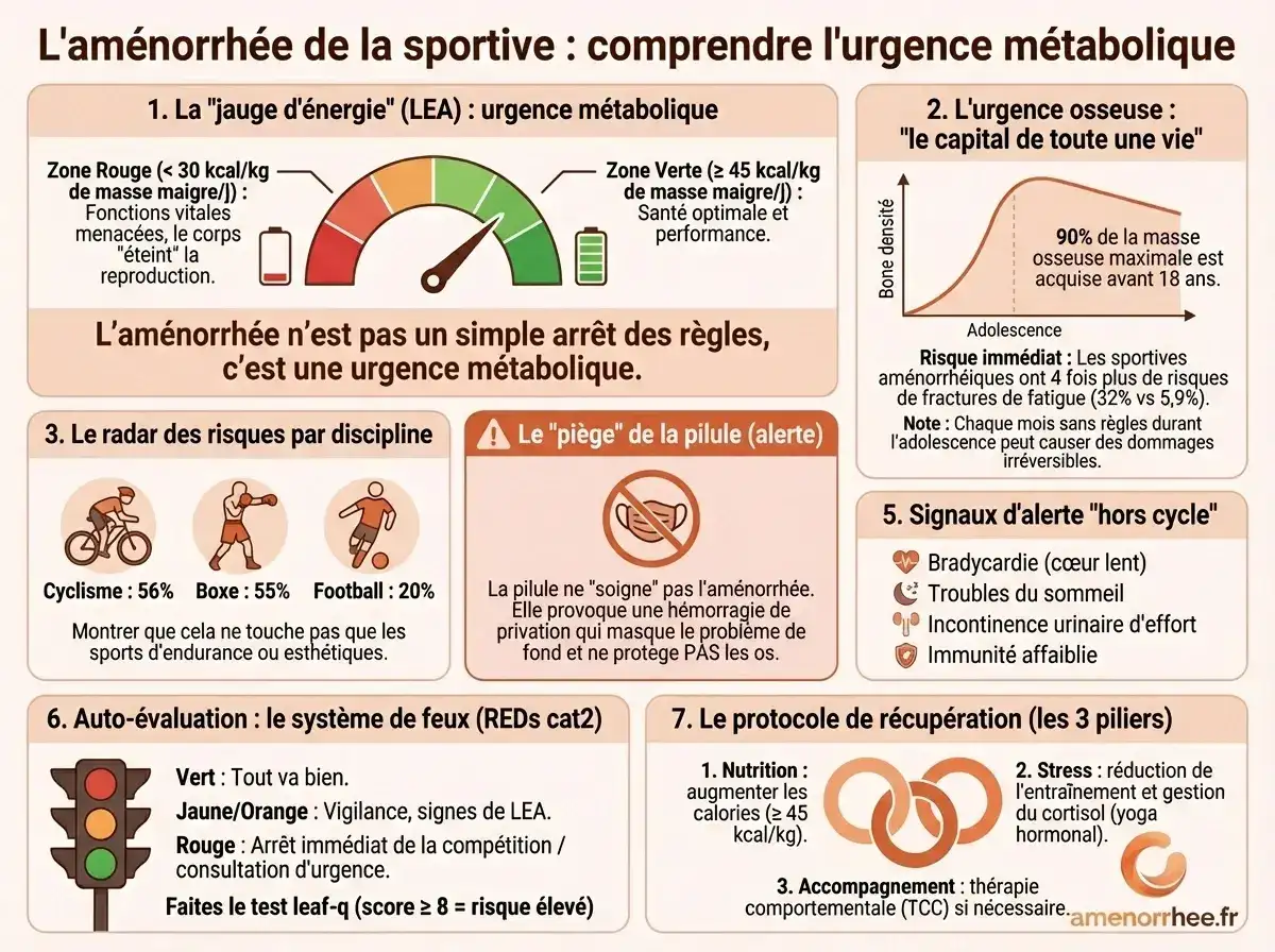 Aménorrhée chez la sportive : prévalence par discipline, risques osseux et protocole de récupération pour athlètes féminines.