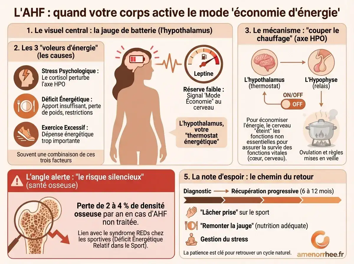 Aménorrhée hypothalamique fonctionnelle AHF : schéma du mécanisme de survie énergétique et facteurs déclenchants.