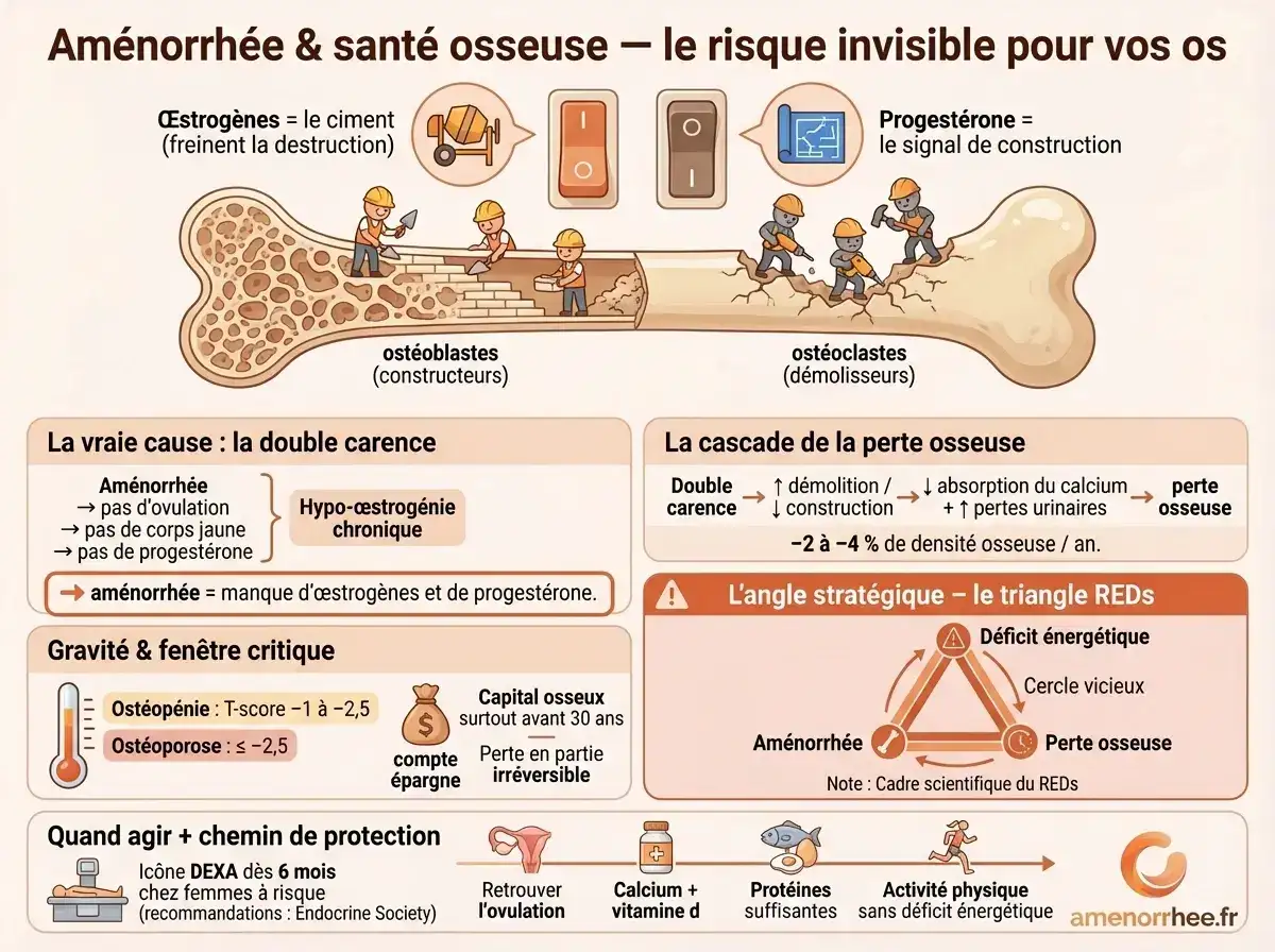 Aménorrhée et santé osseuse : mécanisme de perte osseuse, prévention ostéoporose et apports calcium vitamine D recommandés.