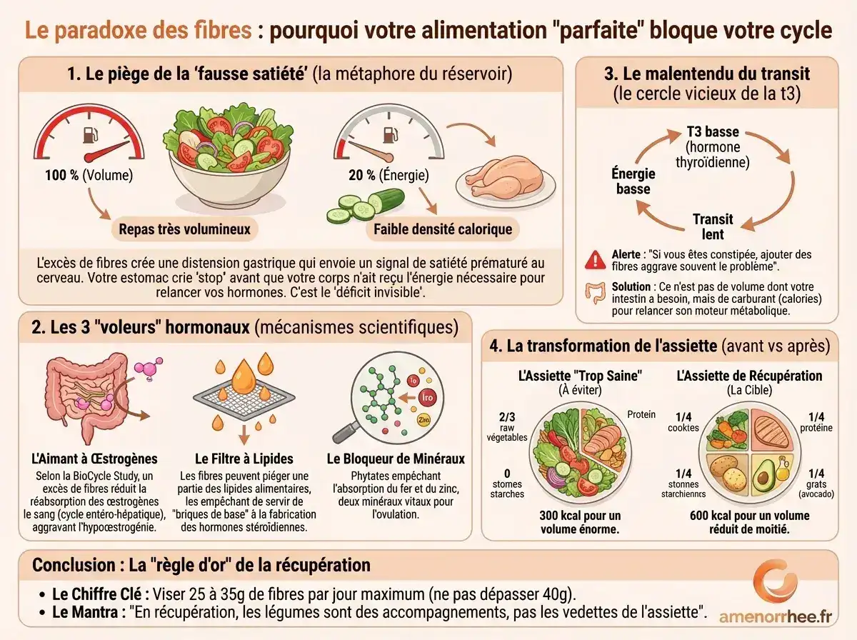 Fibres alimentaires et aménorrhée : pourquoi trop de légumes peut bloquer le cycle et comment ajuster son assiette.