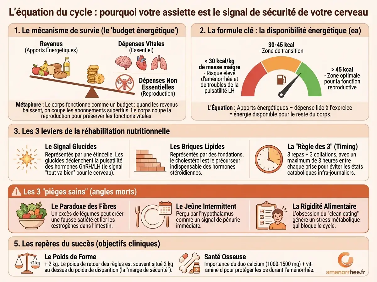 Alimentation pour retrouver ses règles : calcul disponibilité énergétique et stratégies nutritionnelles de récupération hormonale.
