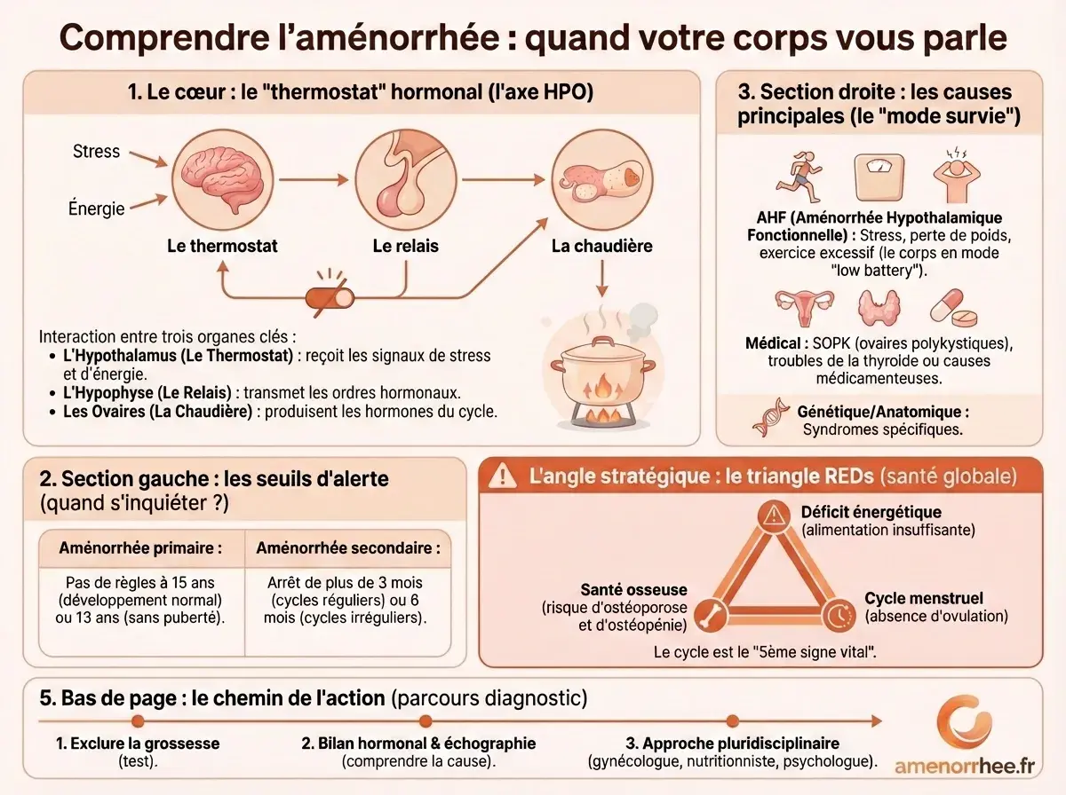 Infographie : comprendre l'aménorrhée en un clin d'œil — définition, causes, diagnostic et solutions