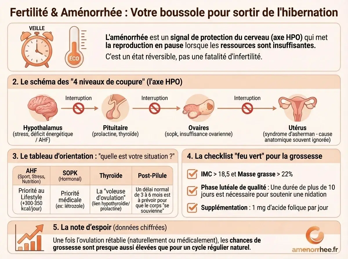Fertilité et aménorrhée : guide des causes d'infertilité menstruelle et chances de grossesse après récupération hormonale.