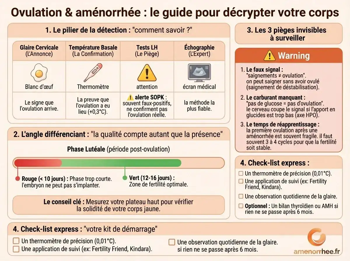Détection de l'ovulation après aménorrhée : méthodes fiables (température, glaire), qualité de phase lutéale et pièges courants.