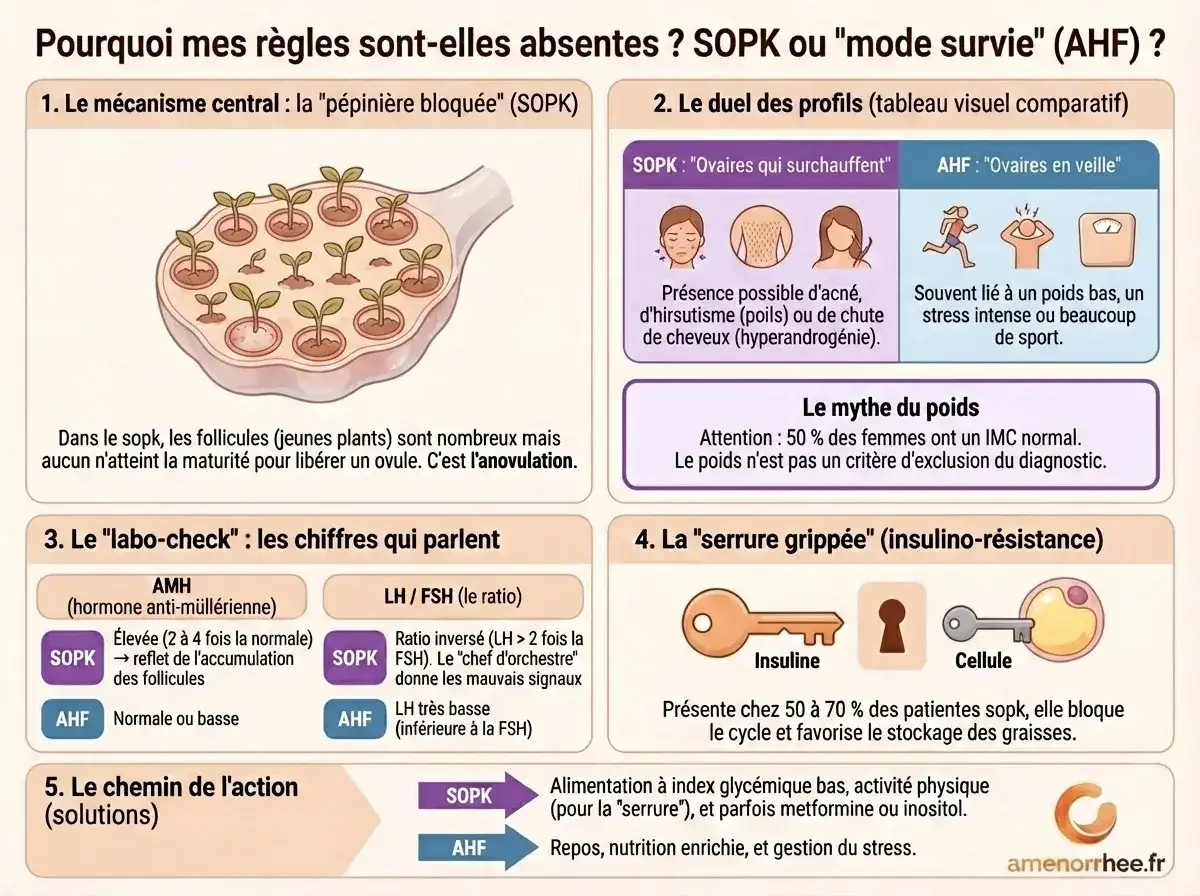 SOPK et absence de règles : comparaison avec l'aménorrhée hypothalamique, marqueurs AMH et ratio LH FSH.