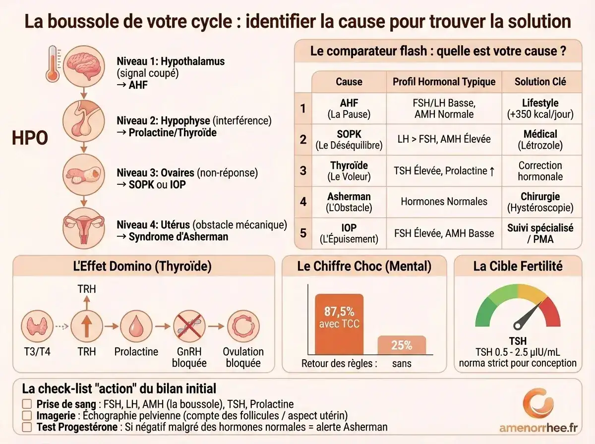 Traitements de l'aménorrhée par cause : AHF, SOPK, thyroïde, Asherman - solutions adaptées et bilan hormonal recommandé.